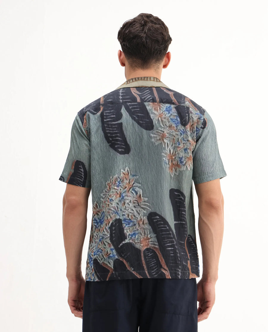 Rare Rabbit Men's Silk Dusky Green Viscose Blend Tropical Print Relaxed Fit Half Sleeve Cuban Collar Shirt