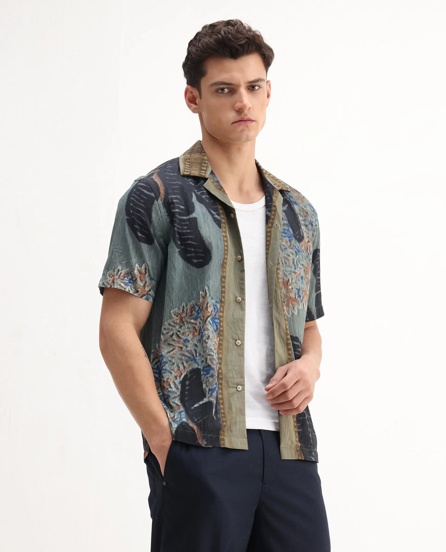 Rare Rabbit Men's Silk Dusky Green Viscose Blend Tropical Print Relaxed Fit Half Sleeve Cuban Collar Shirt
