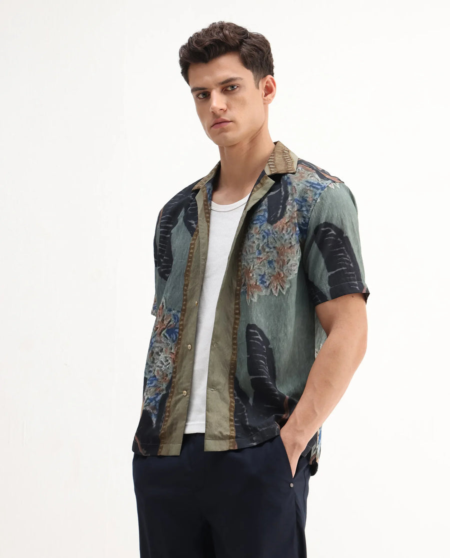 Rare Rabbit Men's Silk Dusky Green Viscose Blend Tropical Print Relaxed Fit Half Sleeve Cuban Collar Shirt