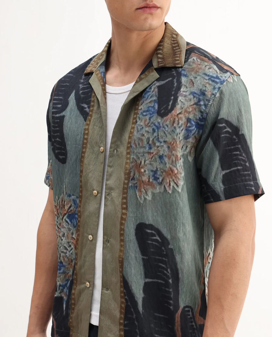 Rare Rabbit Men's Silk Dusky Green Viscose Blend Tropical Print Relaxed Fit Half Sleeve Cuban Collar Shirt