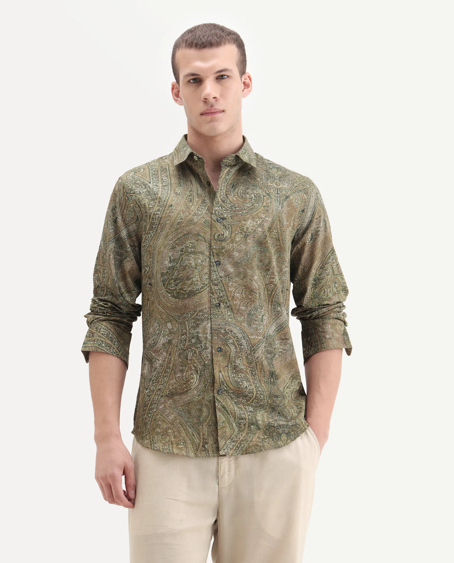 Rare Rabbit Men's Silko Olive Cotton Paisley Print Regular Fit Full Sleeve Collared Shirt
