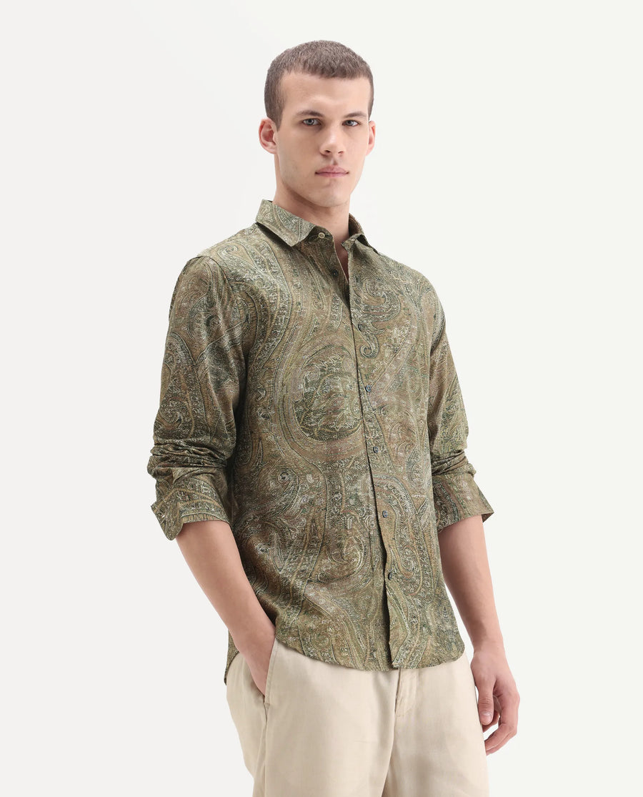 Rare Rabbit Men's Silko Olive Cotton Paisley Print Regular Fit Full Sleeve Collared Shirt