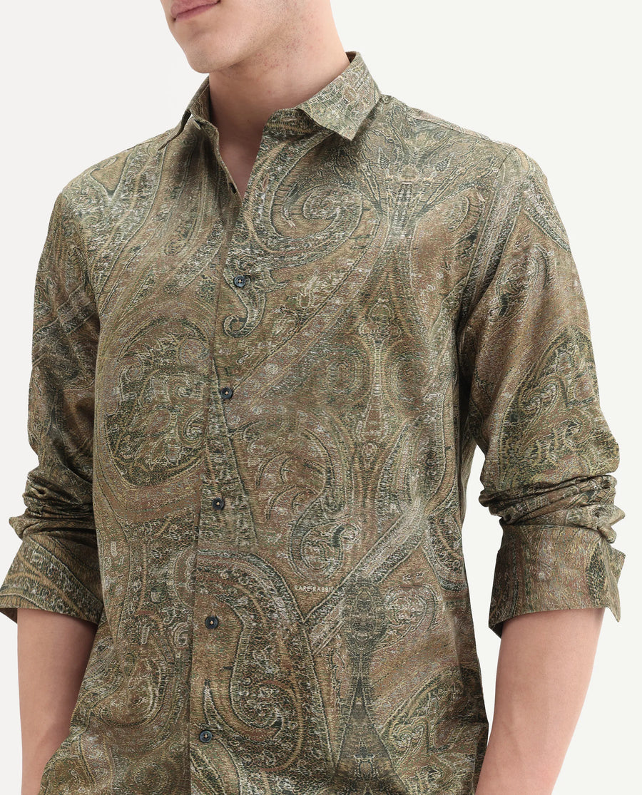 Rare Rabbit Men's Silko Olive Cotton Paisley Print Regular Fit Full Sleeve Collared Shirt