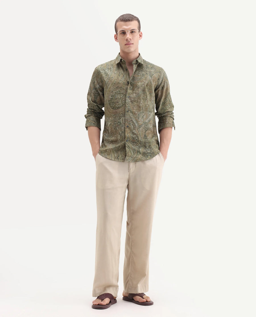Rare Rabbit Men's Silko Olive Cotton Paisley Print Regular Fit Full Sleeve Collared Shirt