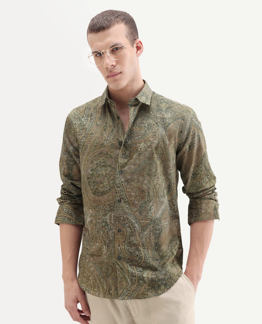 Rare Rabbit Men's Silko Olive Cotton Paisley Print Regular Fit Full Sleeve Collared Shirt