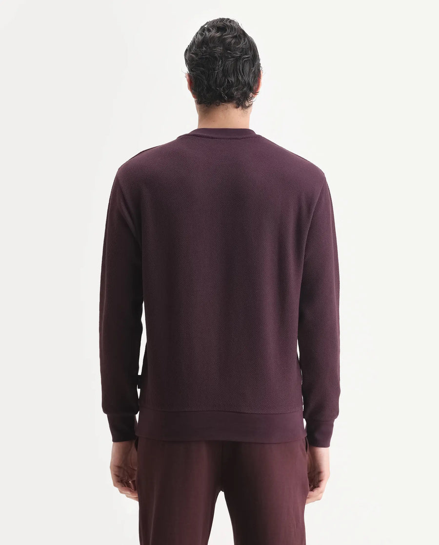 Rare Rabbit Men's Sint Dark Maroon Polyester Blend Fabric Full Sleeves Crew Neck Typography Print Sweatshirt
