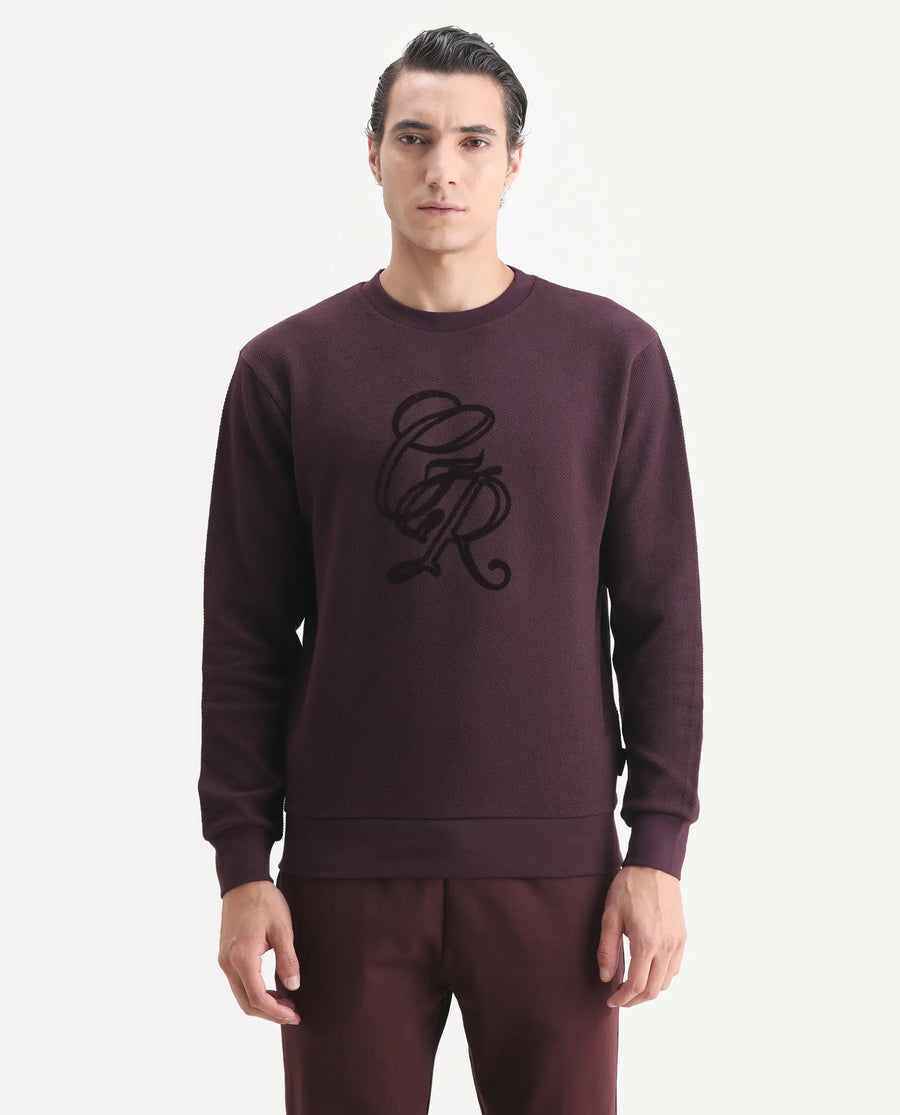 Rare Rabbit Men's Sint Dark Maroon Polyester Blend Fabric Full Sleeves Crew Neck Typography Print Sweatshirt