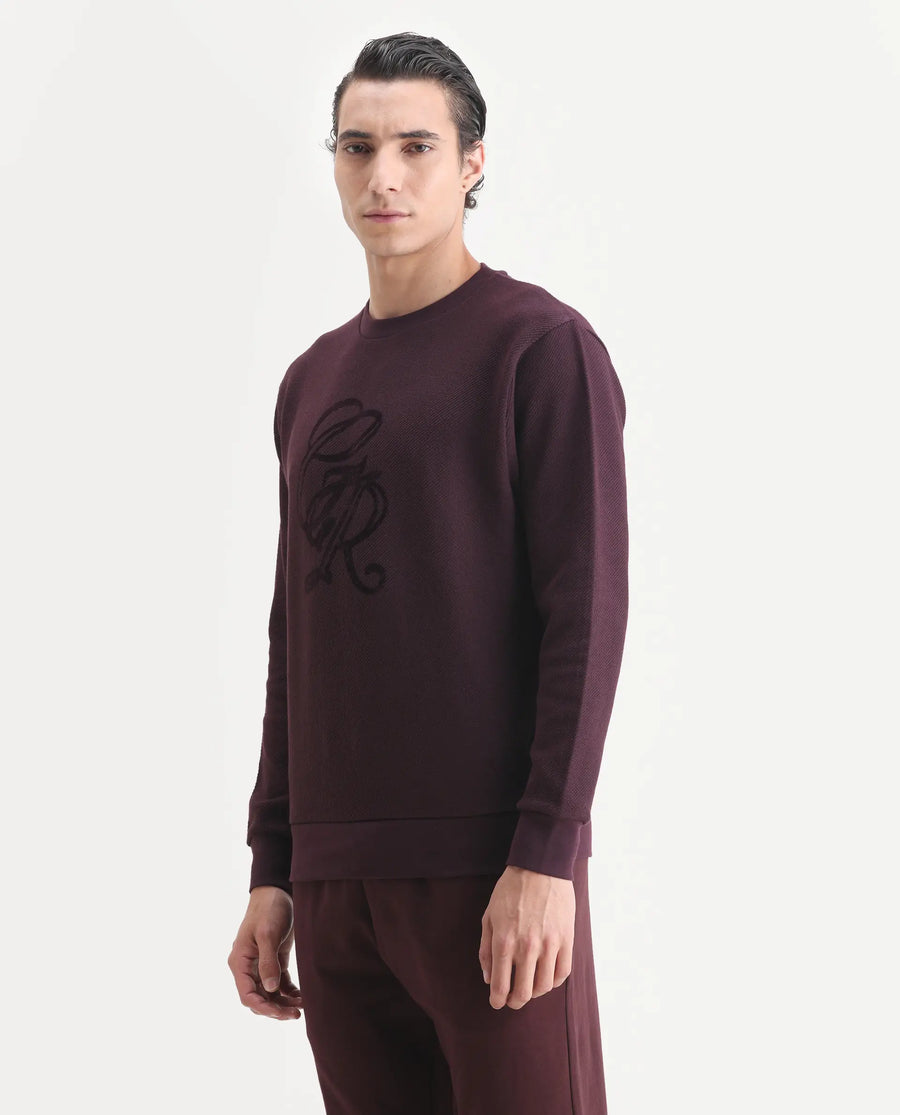 Rare Rabbit Men's Sint Dark Maroon Polyester Blend Fabric Full Sleeves Crew Neck Typography Print Sweatshirt