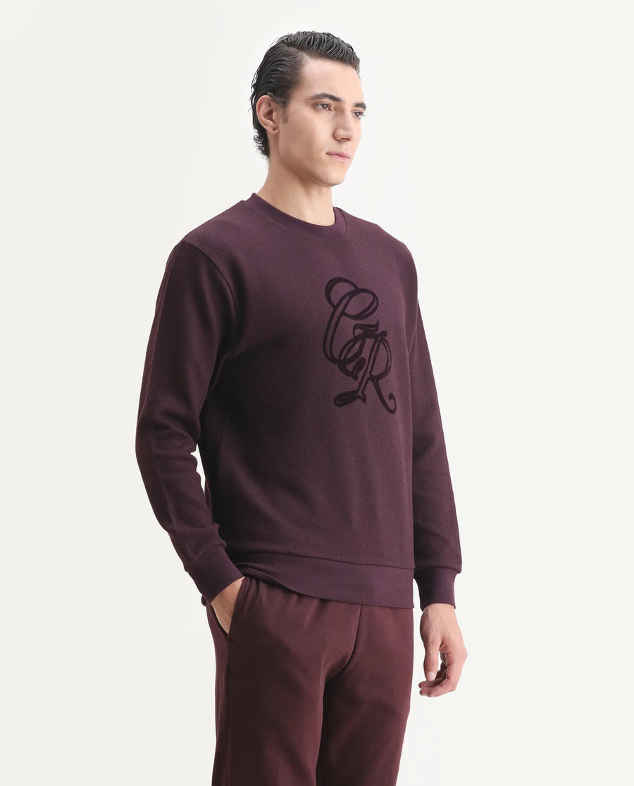 Rare Rabbit Men's Sint Dark Maroon Polyester Blend Fabric Full Sleeves Crew Neck Typography Print Sweatshirt