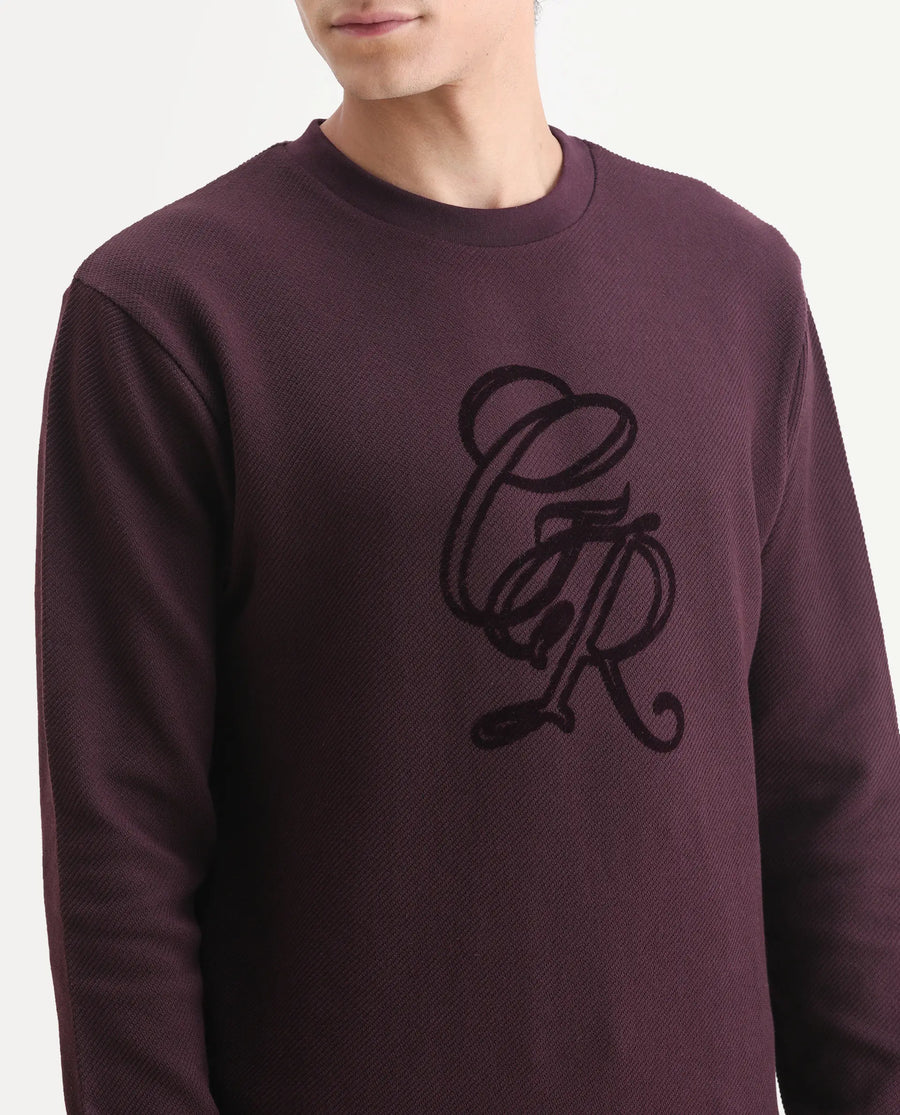 Rare Rabbit Men's Sint Dark Maroon Polyester Blend Fabric Full Sleeves Crew Neck Typography Print Sweatshirt