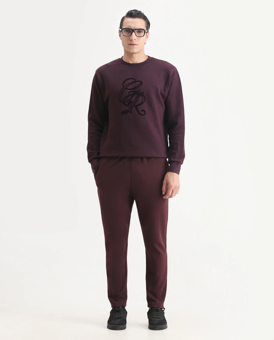 Rare Rabbit Men's Sint Dark Maroon Polyester Blend Fabric Full Sleeves Crew Neck Typography Print Sweatshirt
