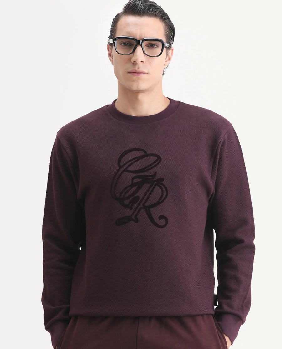 Rare Rabbit Men's Sint Dark Maroon Polyester Blend Fabric Full Sleeves Crew Neck Typography Print Sweatshirt