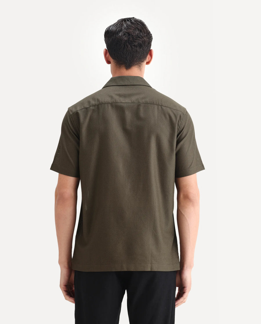 Rare Rabbit Men's Sirayo Dark Olive Cotton Blend Plain Boxy Fit Half Sleeve Cuban Collar Shirt