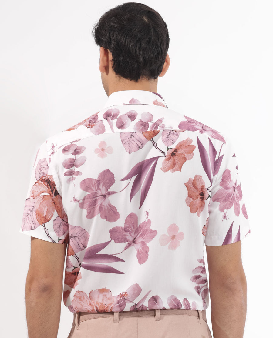 Rare Rabbit Men's Siros White Viscose Floral Print Regular Fit Half Sleeve Collared Shirt