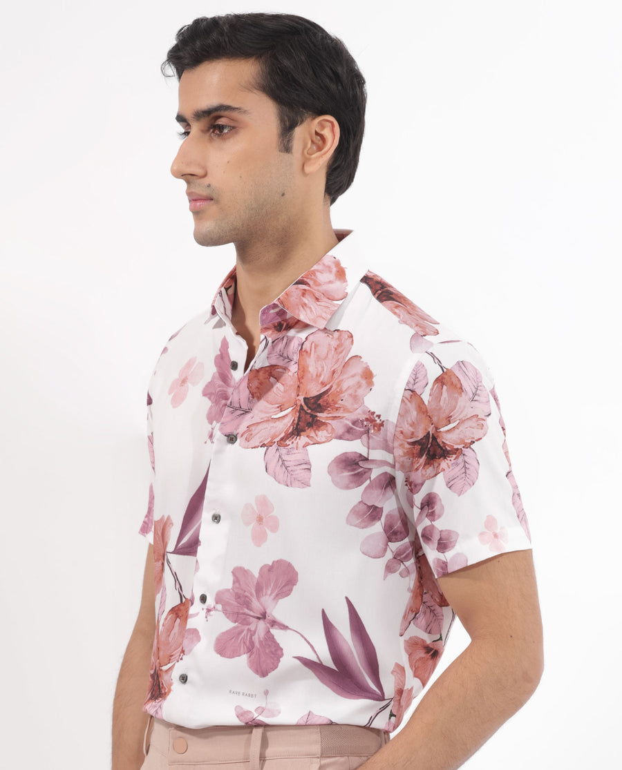 Rare Rabbit Men's Siros White Viscose Floral Print Regular Fit Half Sleeve Collared Shirt
