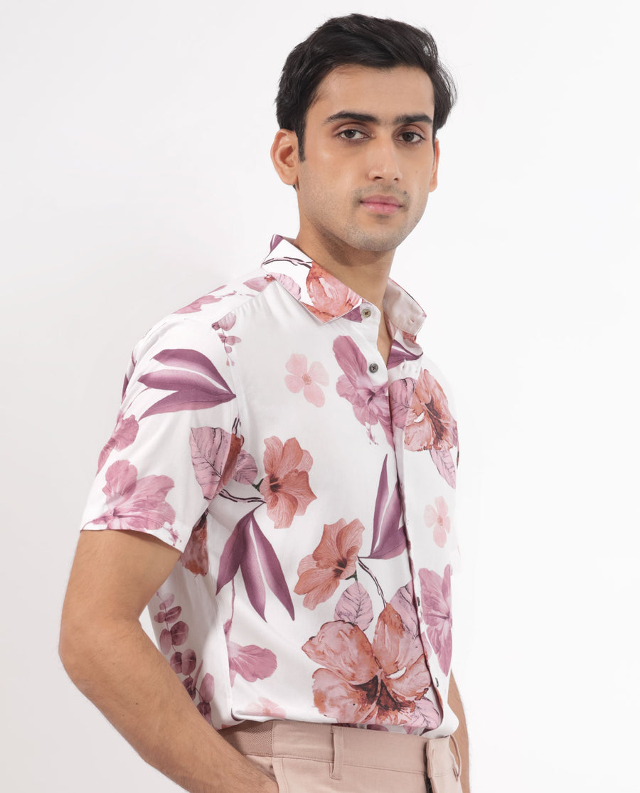 Rare Rabbit Men's Siros White Viscose Floral Print Regular Fit Half Sleeve Collared Shirt