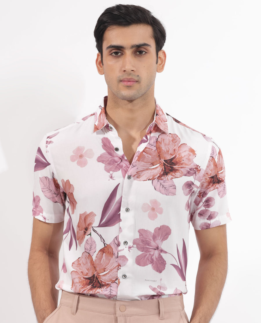 Rare Rabbit Men's Siros White Viscose Floral Print Regular Fit Half Sleeve Collared Shirt