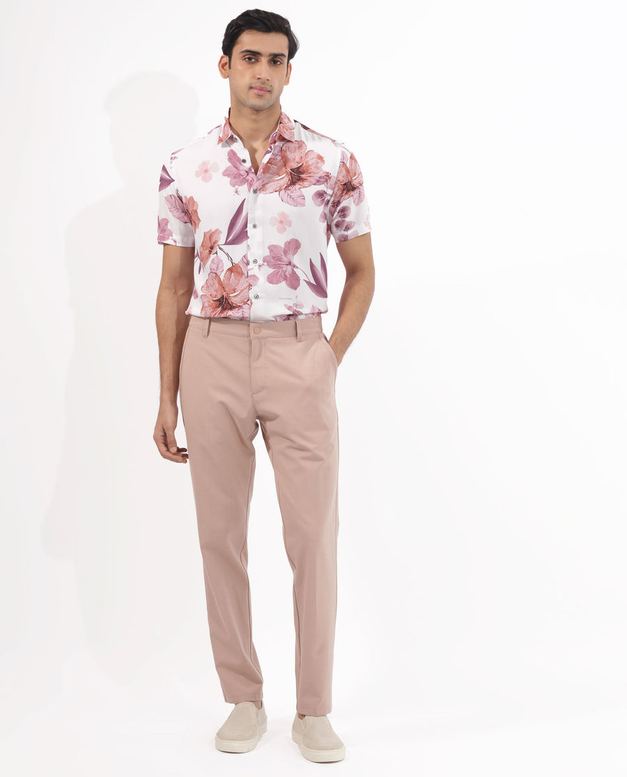 Rare Rabbit Men's Siros White Viscose Floral Print Regular Fit Half Sleeve Collared Shirt