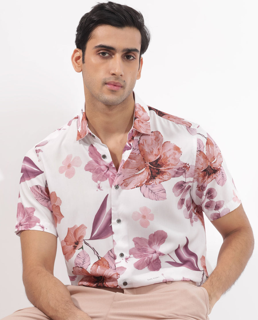 Rare Rabbit Men's Siros White Viscose Floral Print Regular Fit Half Sleeve Collared Shirt