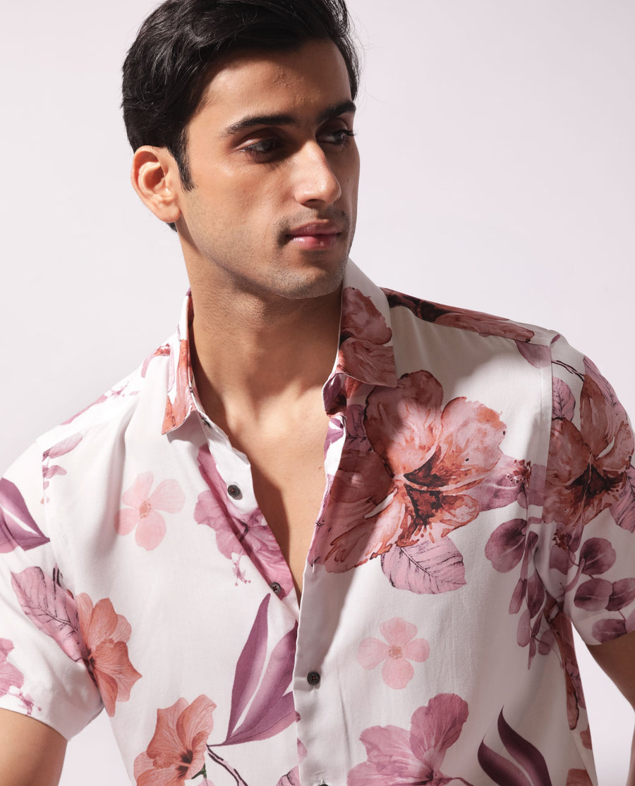 Rare Rabbit Men's Siros White Viscose Floral Print Regular Fit Half Sleeve Collared Shirt