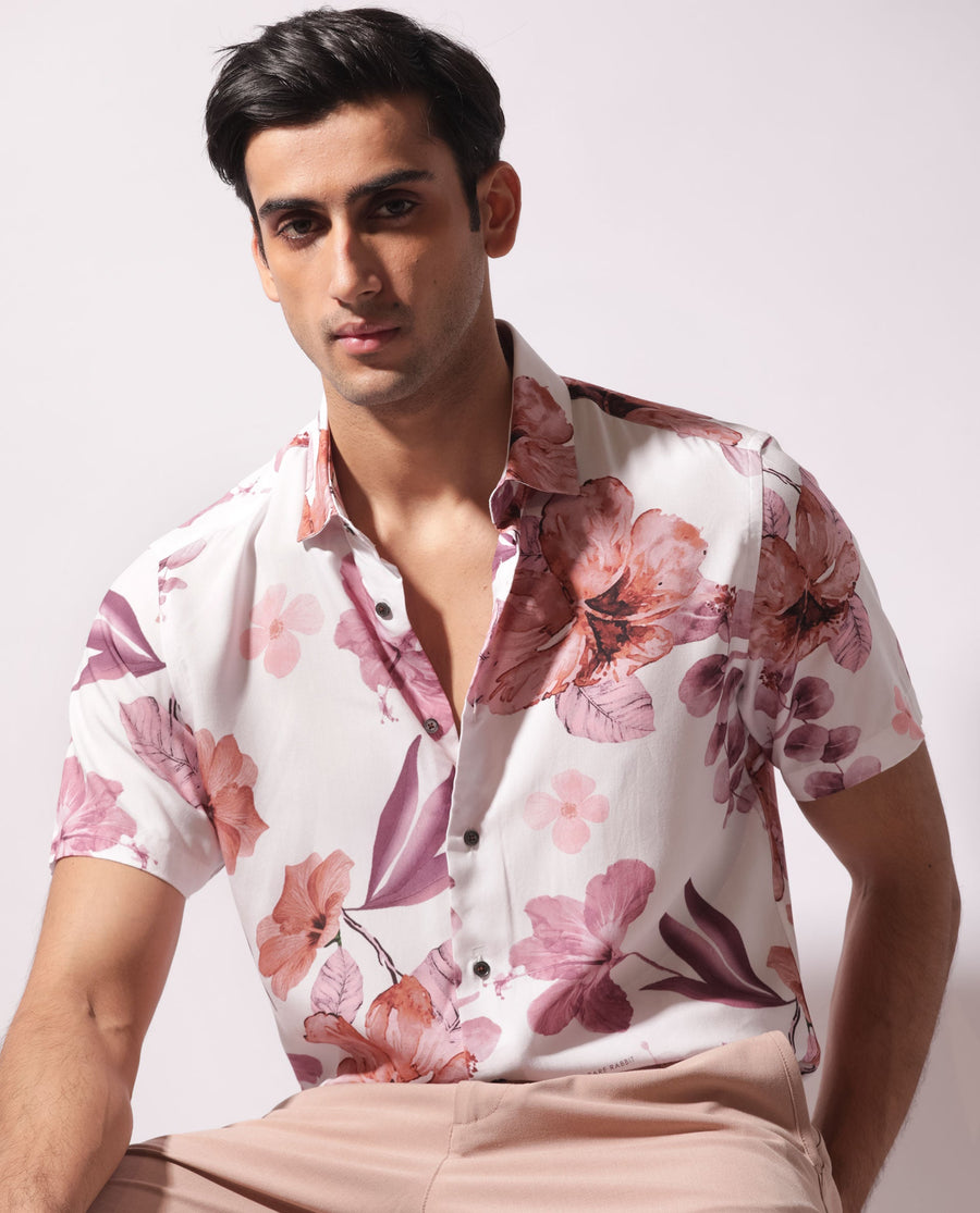Rare Rabbit Men's Siros White Viscose Floral Print Regular Fit Half Sleeve Collared Shirt