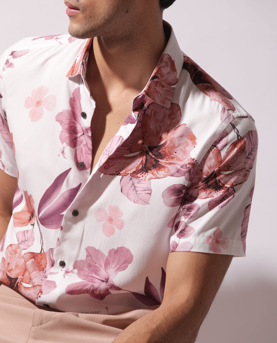 Rare Rabbit Men's Siros White Viscose Floral Print Regular Fit Half Sleeve Collared Shirt