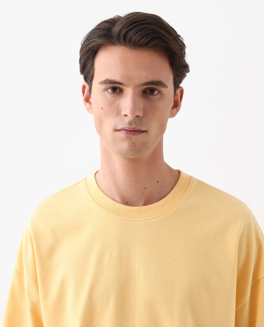 Rare Rabbit Men's Siwa Light Yellow Cotton Graphic Print Oversized Fit Half Sleeve Crew Neck T-Shirt