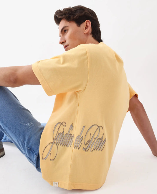 Rare Rabbit Men's Siwa Light Yellow Cotton Graphic Print Oversized Fit Half Sleeve Crew Neck T-Shirt