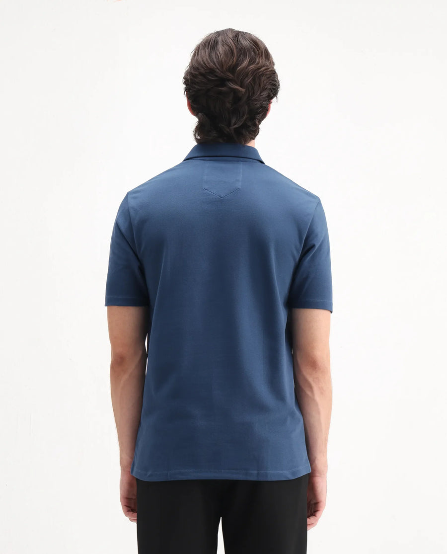 Rare Rabbit Men's Ski Blue Cotton Blend Plain Regular Fit Half Sleeve Polo