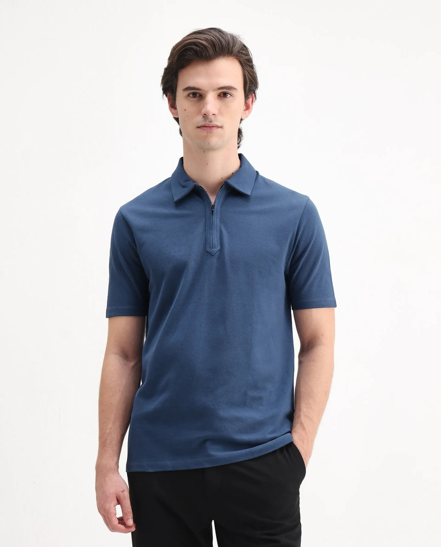 Rare Rabbit Men's Ski Blue Cotton Blend Plain Regular Fit Half Sleeve Polo