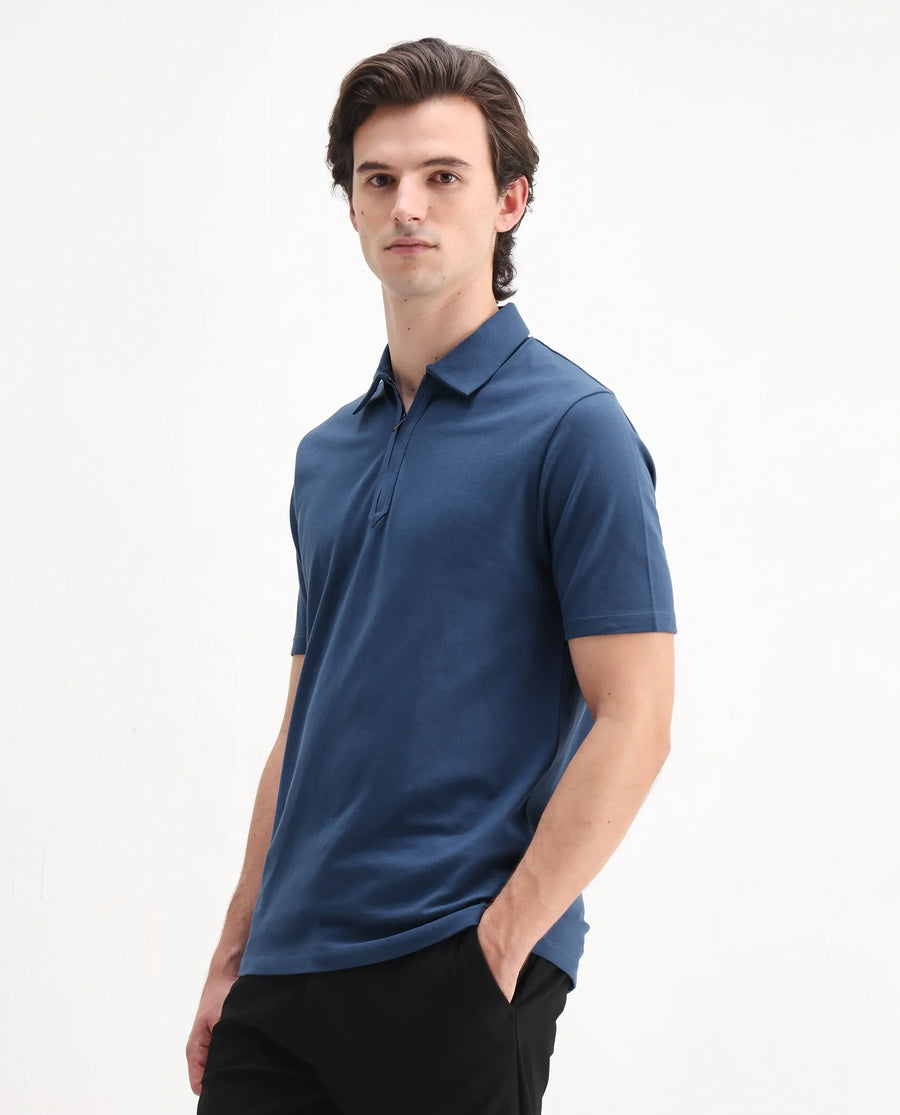 Rare Rabbit Men's Ski Blue Cotton Blend Plain Regular Fit Half Sleeve Polo