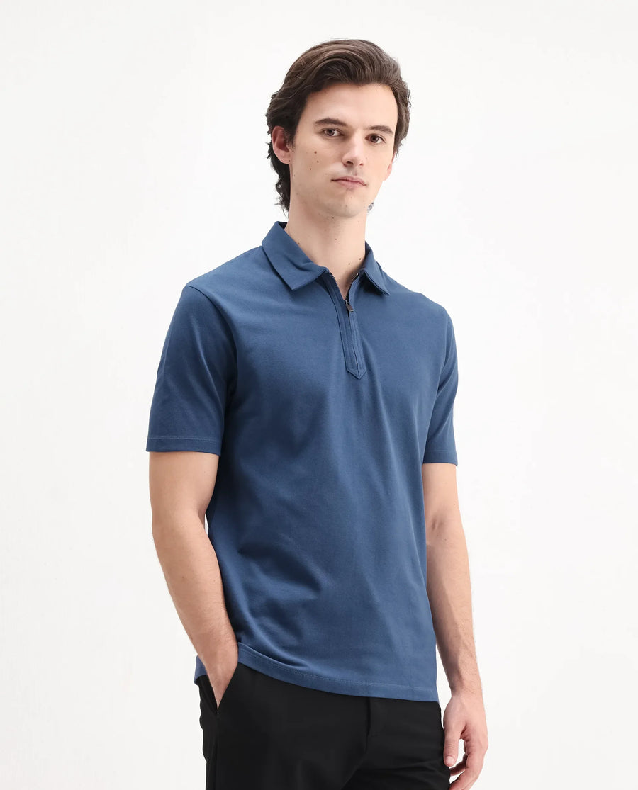 Rare Rabbit Men's Ski Blue Cotton Blend Plain Regular Fit Half Sleeve Polo