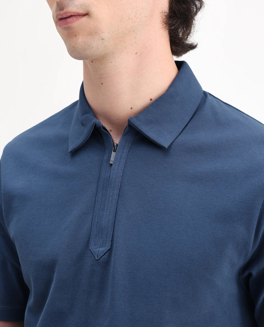 Rare Rabbit Men's Ski Blue Cotton Blend Plain Regular Fit Half Sleeve Polo