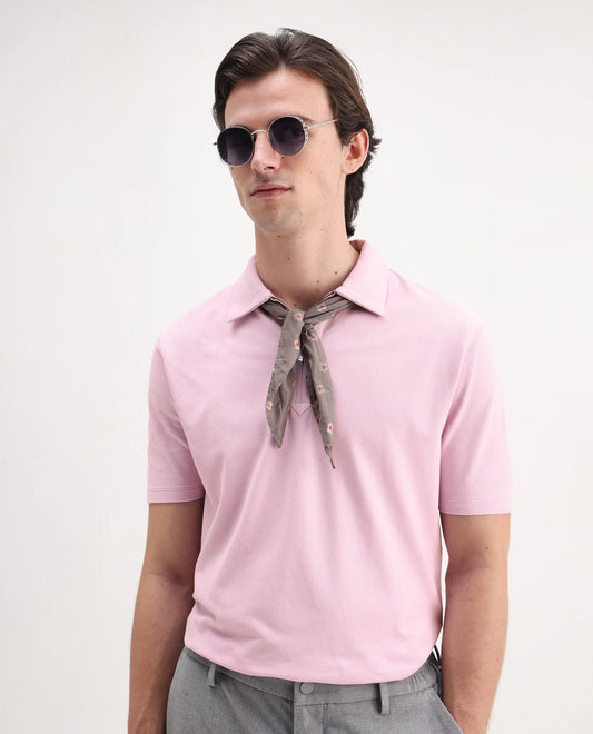 Rare Rabbit Men's Ski Light Pink Cotton Blend Plain Regular Fit Half Sleeve Polo