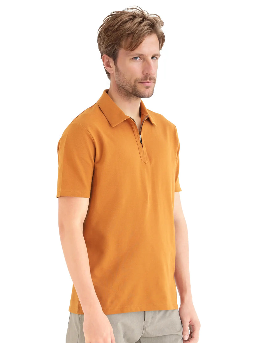 Rare Rabbit Men's Ski Rust Cotton Blend Plain Regular Fit Half Sleeve Polo