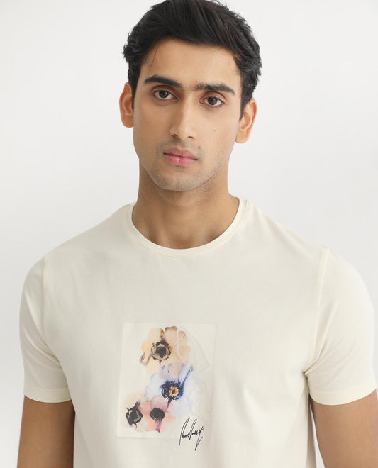 Rare Rabbit Men's Skyy Off White Cotton Graphic Print Slim Fit Half Sleeve Crew Neck T-Shirt