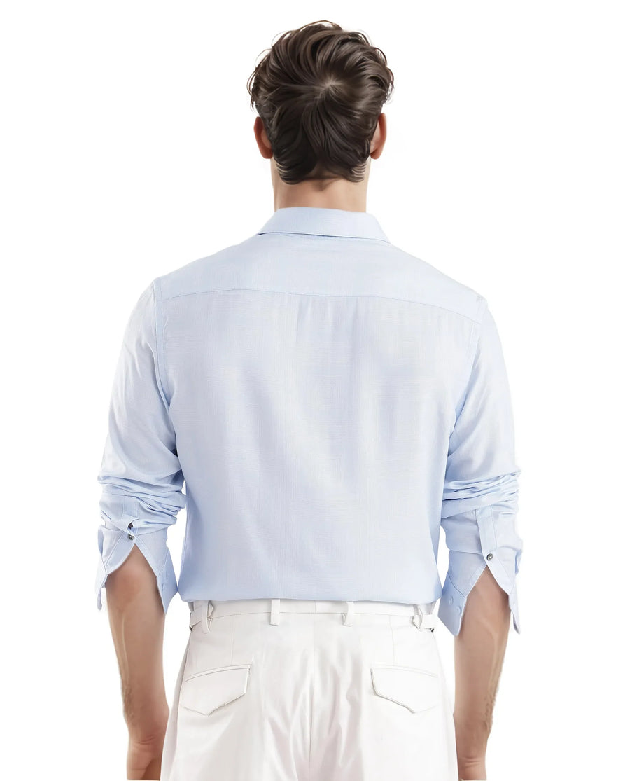 Rare Rabbit Men's Sleek Dusky Blue Viscose Plain Regular Fit Full Sleeve Collared Shirt