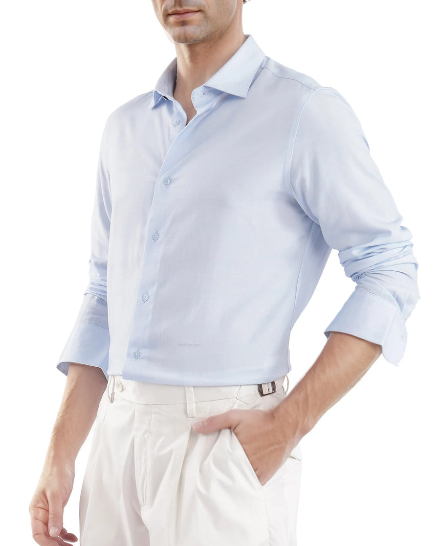Rare Rabbit Men's Sleek Dusky Blue Viscose Plain Regular Fit Full Sleeve Collared Shirt