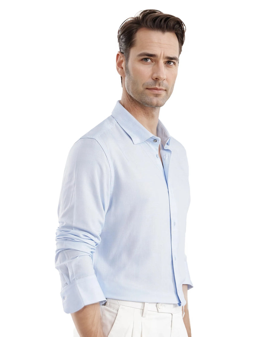 Rare Rabbit Men's Sleek Dusky Blue Viscose Plain Regular Fit Full Sleeve Collared Shirt