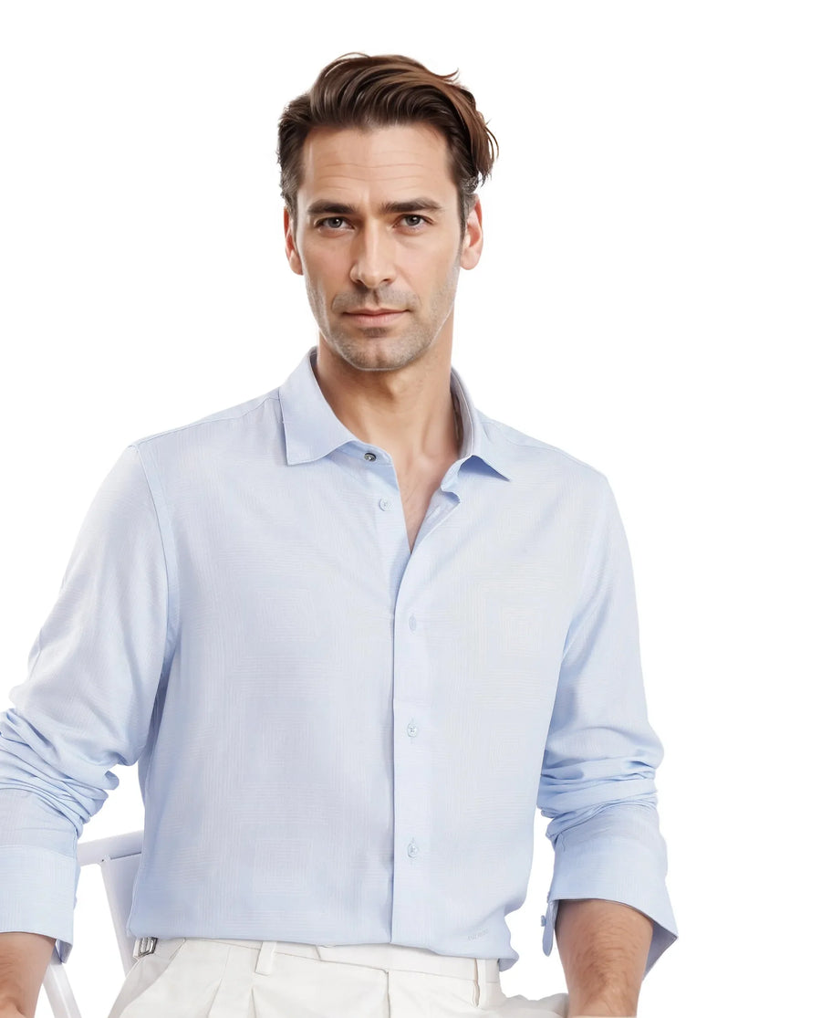 Rare Rabbit Men's Sleek Dusky Blue Viscose Plain Regular Fit Full Sleeve Collared Shirt