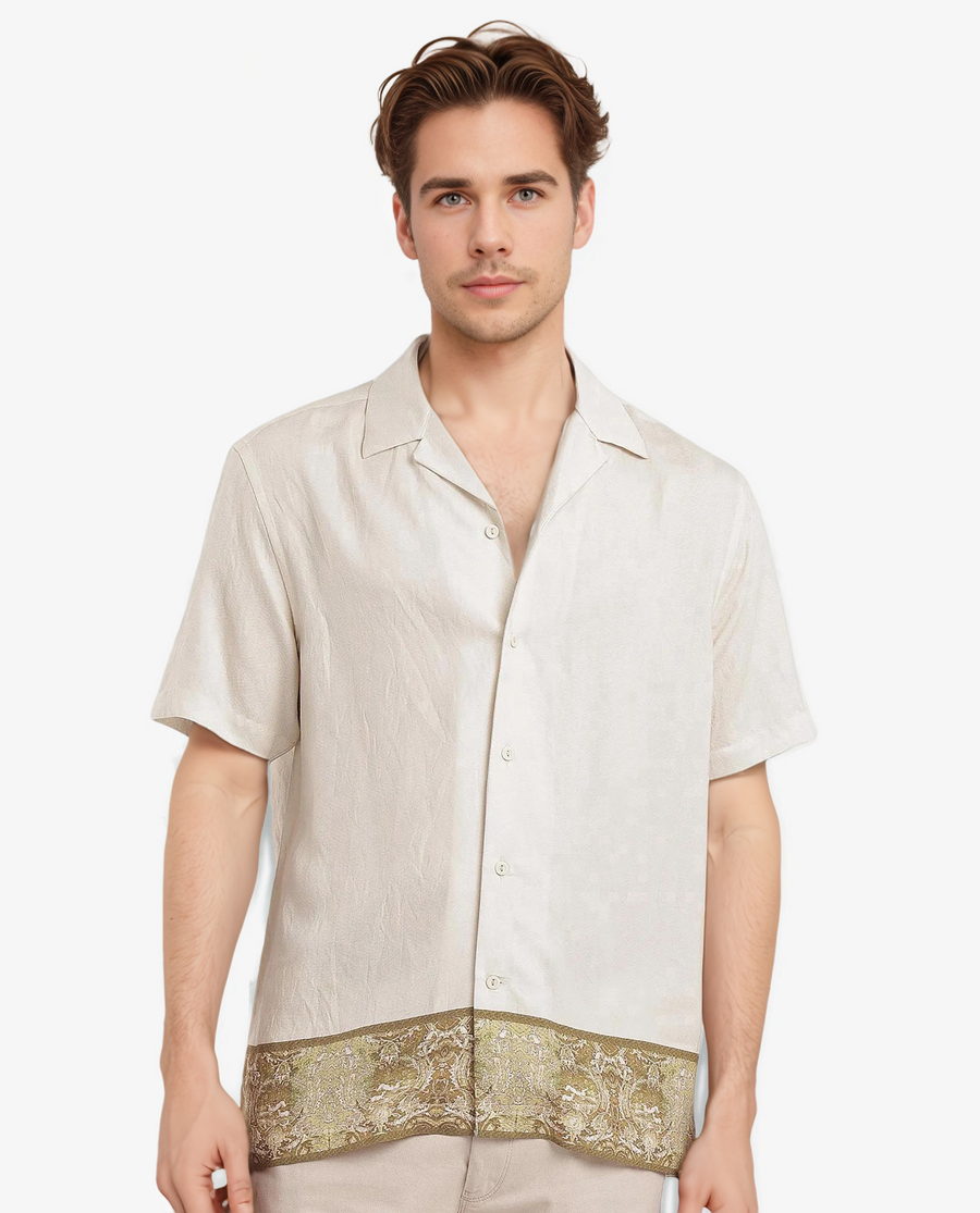 Rare Rabbit Men's Slick Beige Cotton Decorative Print Boxy Fit Half Sleeve Cuban Collar Shirt