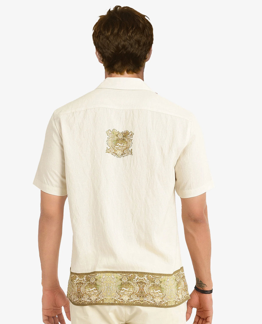 Rare Rabbit Men's Slick Beige Cotton Decorative Print Boxy Fit Half Sleeve Cuban Collar Shirt