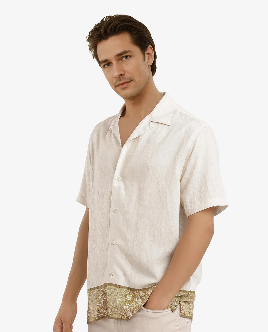 Rare Rabbit Men's Slick Beige Cotton Decorative Print Boxy Fit Half Sleeve Cuban Collar Shirt