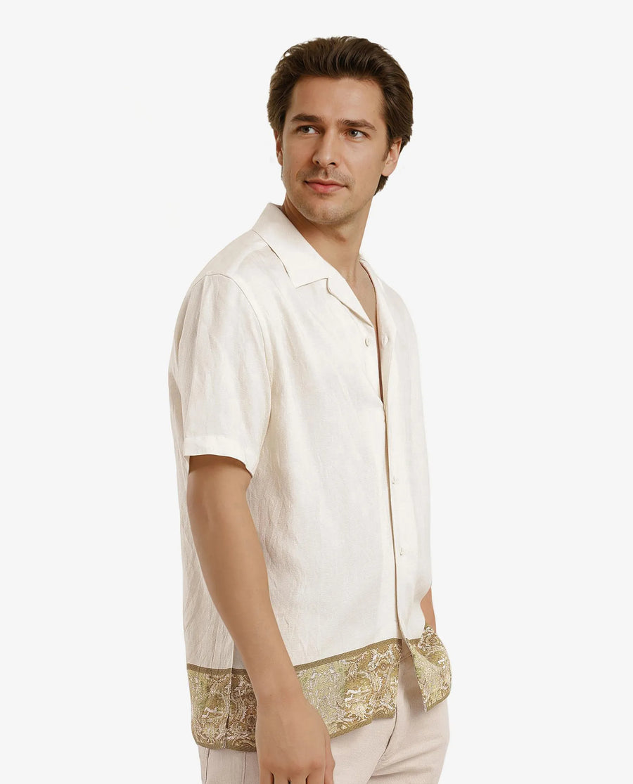 Rare Rabbit Men's Slick Beige Cotton Decorative Print Boxy Fit Half Sleeve Cuban Collar Shirt
