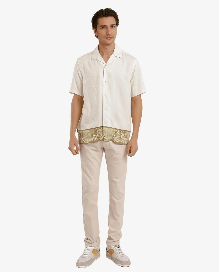 Rare Rabbit Men's Slick Beige Cotton Decorative Print Boxy Fit Half Sleeve Cuban Collar Shirt