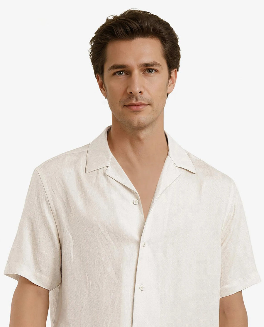 Rare Rabbit Men's Slick Beige Cotton Decorative Print Boxy Fit Half Sleeve Cuban Collar Shirt