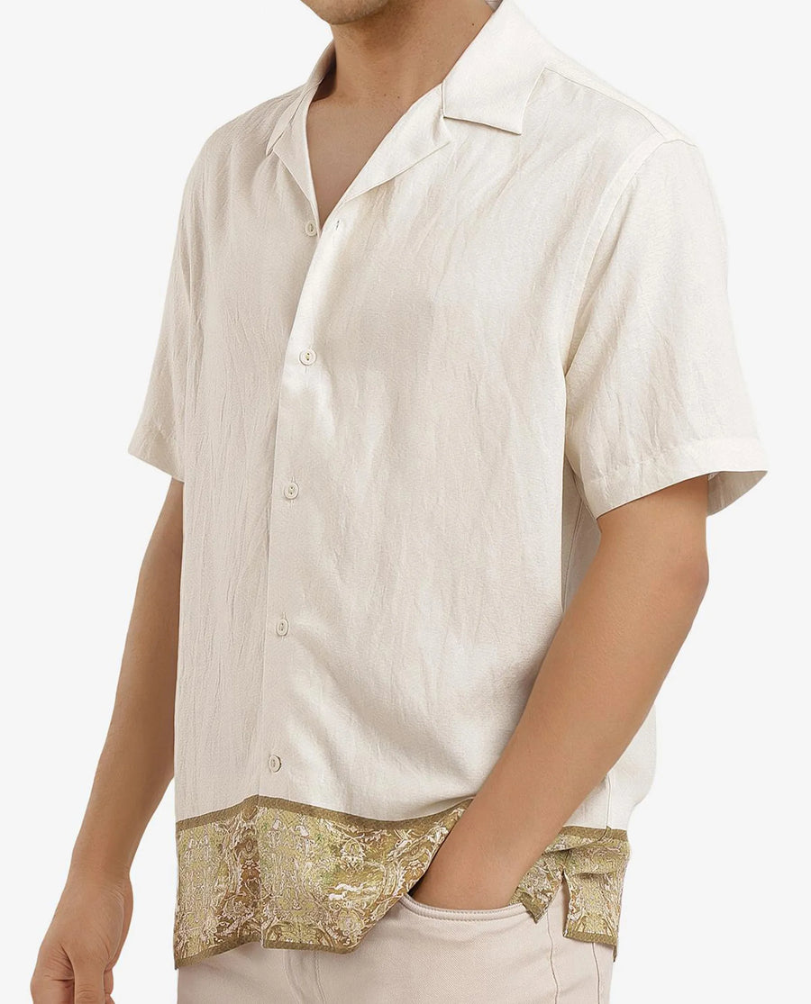 Rare Rabbit Men's Slick Beige Cotton Decorative Print Boxy Fit Half Sleeve Cuban Collar Shirt