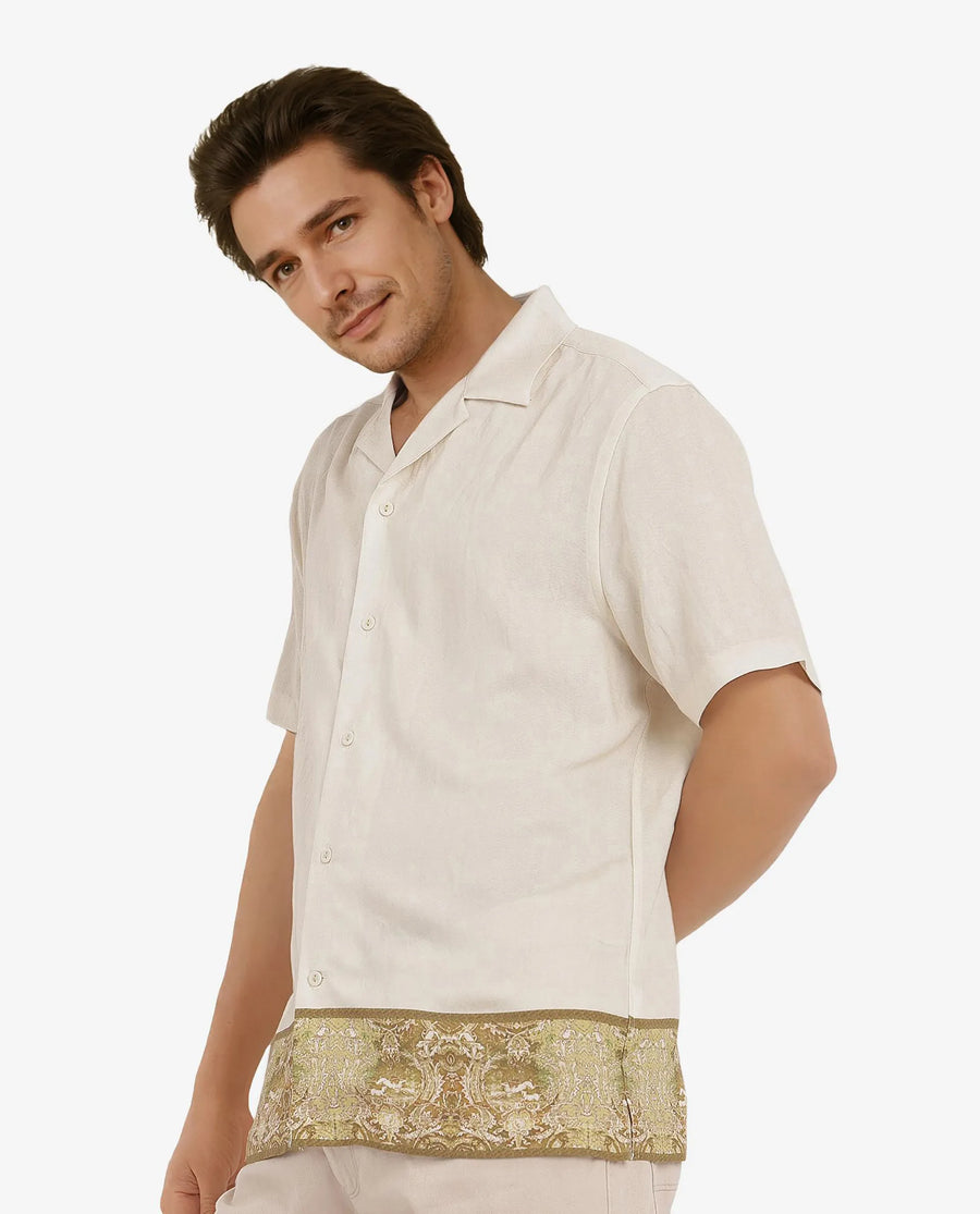 Rare Rabbit Men's Slick Beige Cotton Decorative Print Boxy Fit Half Sleeve Cuban Collar Shirt