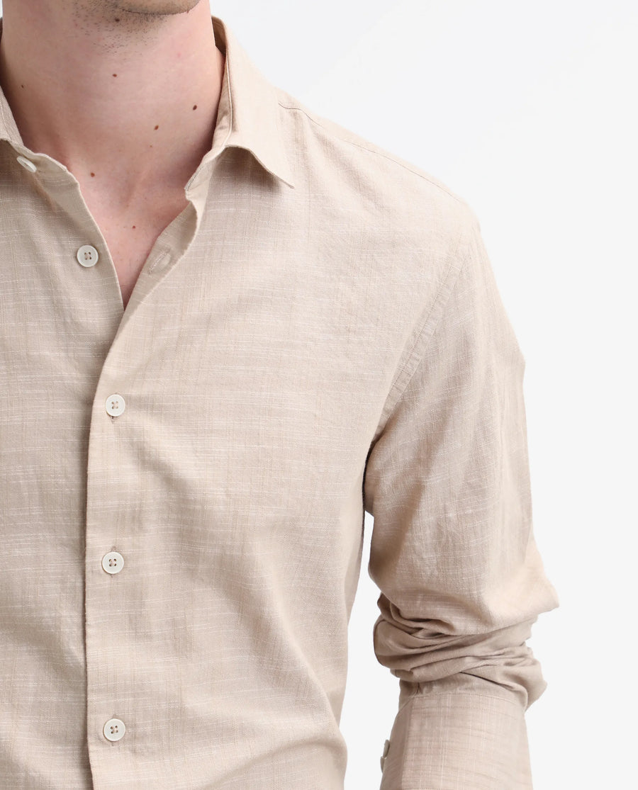 Rare Rabbit Men's Slub Beige Cotton Plain Regular Fit Full Sleeve Collared Shirt