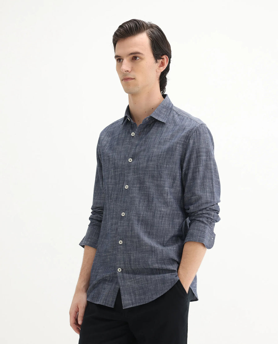 Rare Rabbit Men's Slub Dark Blue Cotton Plain Regular Fit Full Sleeve Collared Shirt